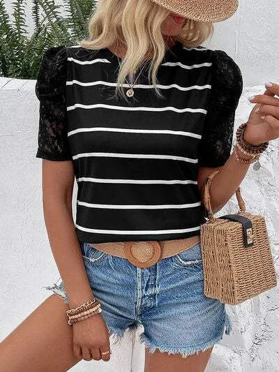 Striped Lace Detail Short Sleeve T-Shirt Women's T-Shirts - Tophatter Daily Deals